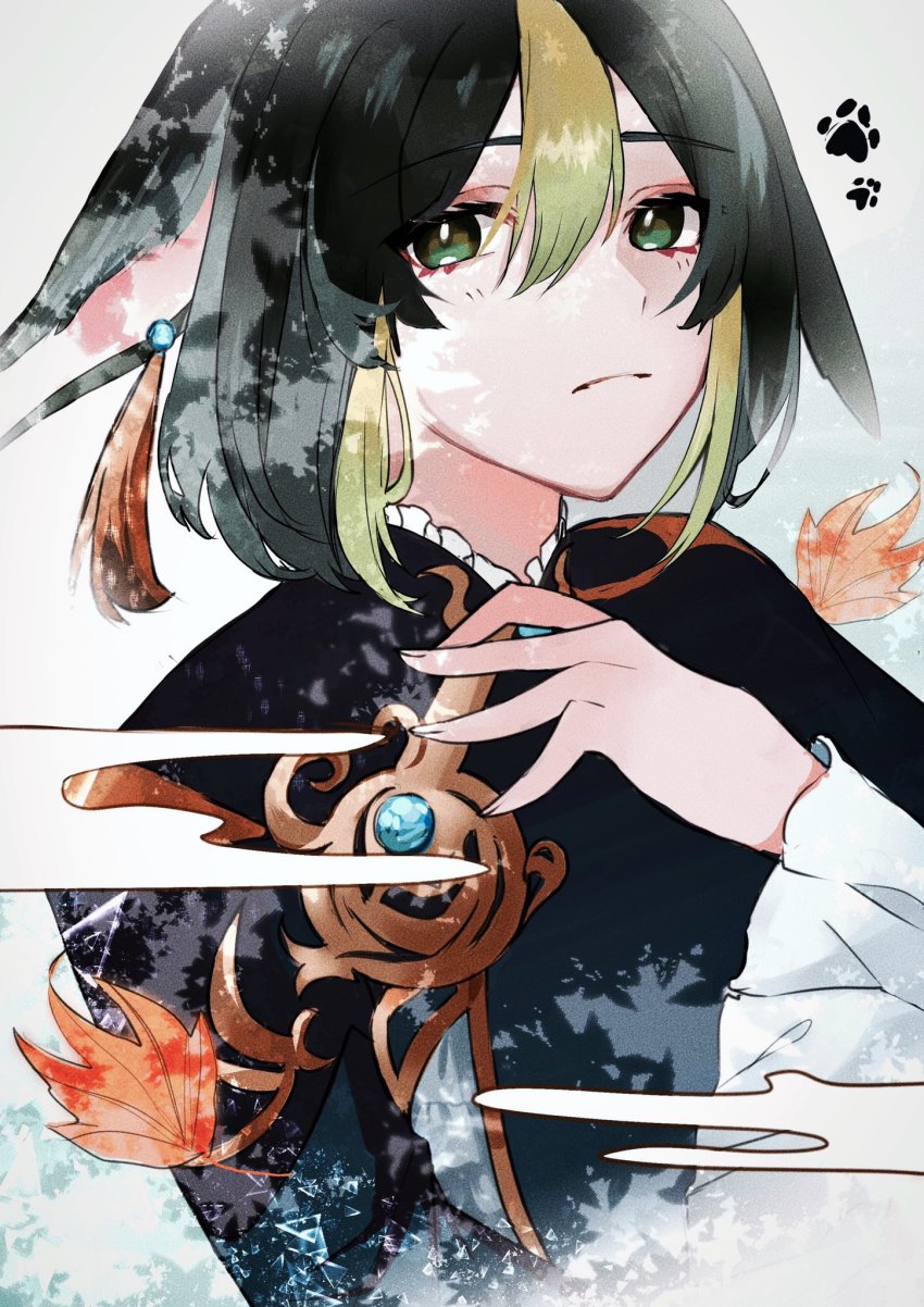 1boy, animal_ears, black_hair, closed_mouth, cosplay, earrings, fox_ears, genshin_impact