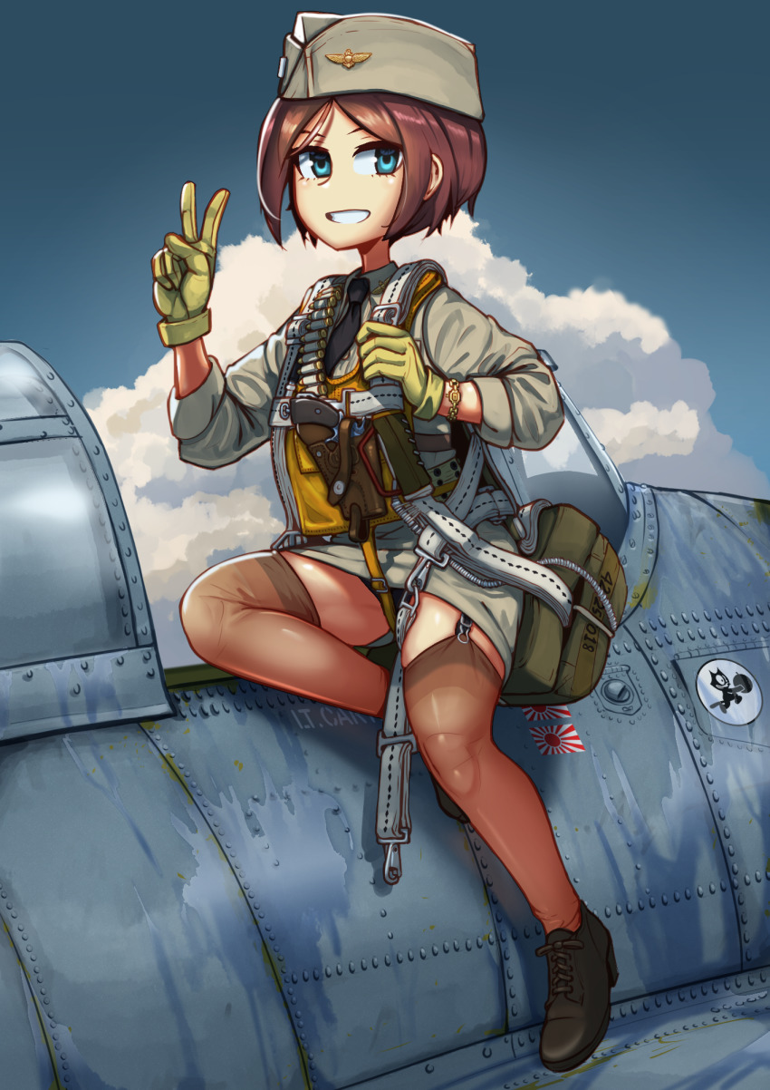 1girl, aircraft, airplane, ammunition_belt, bandolier, belt, black_panties, black_shoes, blue_sky, bullet, cloud, erica_(naze1940), f4f_wildcat, felix_the_cat, full_body, garrison_cap, garter_straps, gloves, gun, handgun, hat, highres, japanese_flag, looking_at_viewer, military, military_uniform, military_vehicle, necktie, original, panties, pantyshot, parachute, propeller_fighter, revolver, shoes, short_hair, skirt, sky, smile, solo, tally, thighhighs, thighs, underwear, v, watch, weapon, world_war_ii, wristwatch