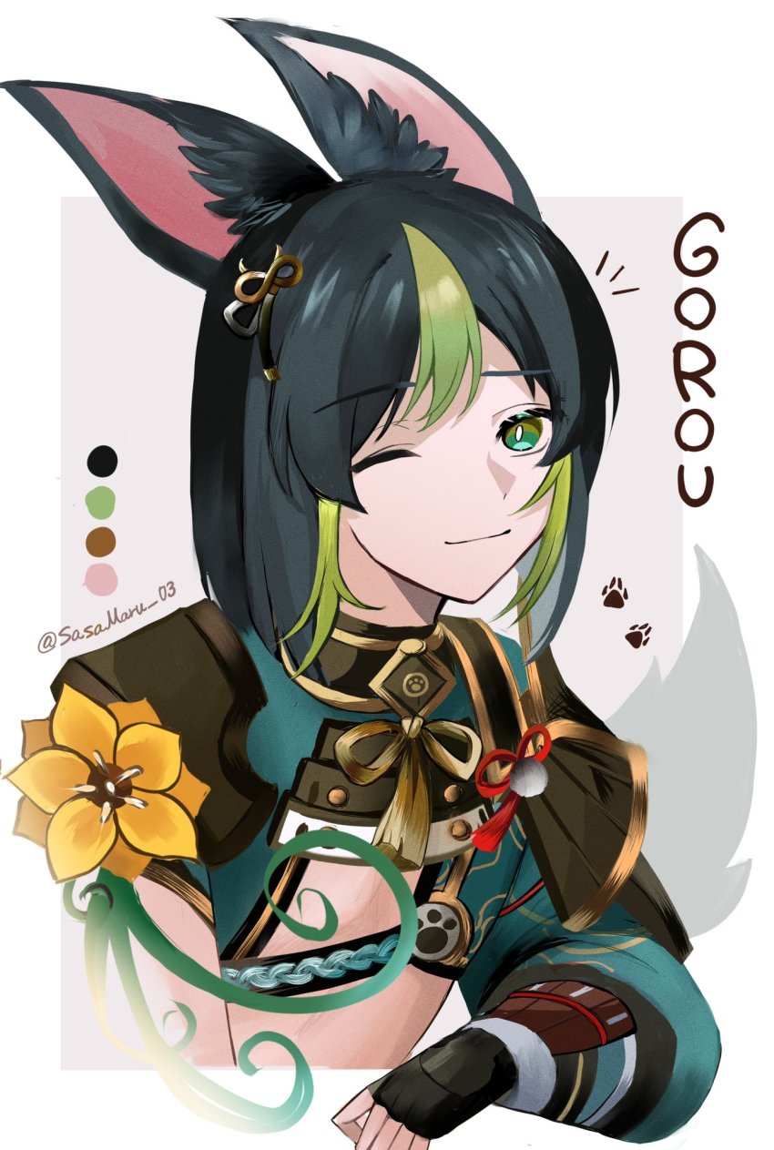 1boy, animal_ears, black_hair, closed_mouth, cosplay, crop_top, fox_boy, fox_ears