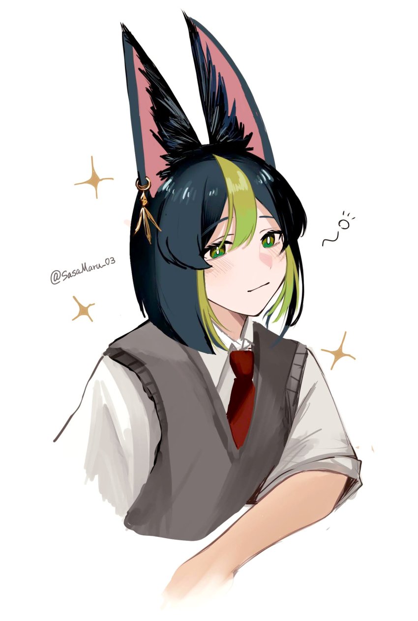 1boy, animal_ears, black_hair, closed_mouth, fox_boy, fox_ears, genshin_impact, green_eyes