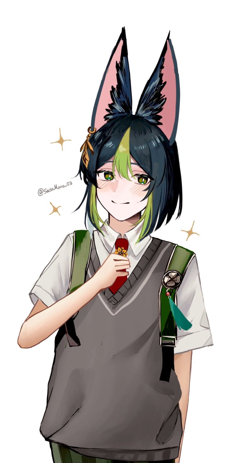 1boy, animal_ear_fluff, animal_ears, backpack, bag, black_hair, closed_mouth, fox_boy