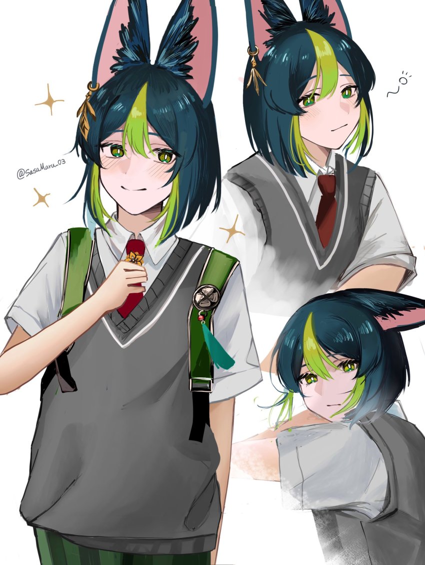 1boy, animal_ear_fluff, animal_ears, backpack, bag, black_hair, closed_mouth, fox_boy