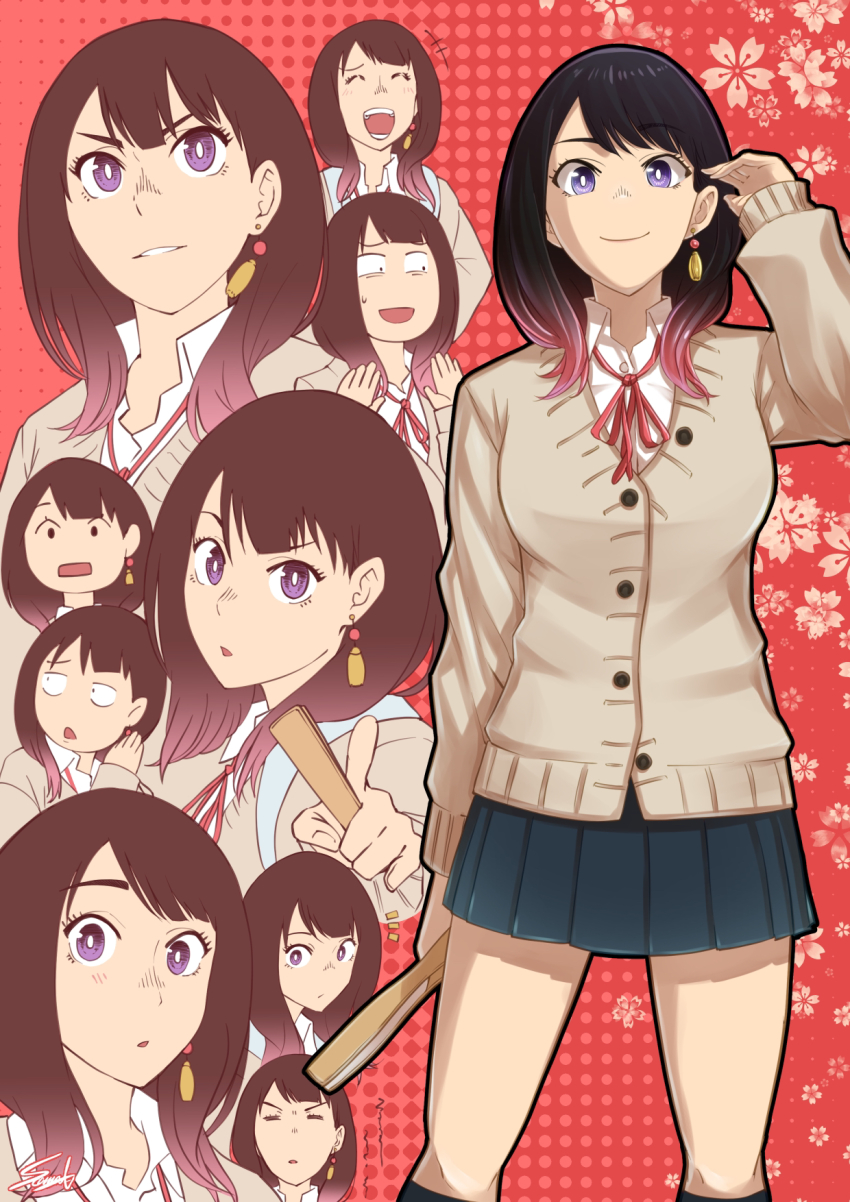 1girl, :d, :o, akane-banashi, black_hair, earrings, folding_fan, gradient_hair