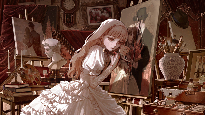 1girl, absurdres, apple, black_headwear, bleeding, blood, blood_on_hands, bloody_knife