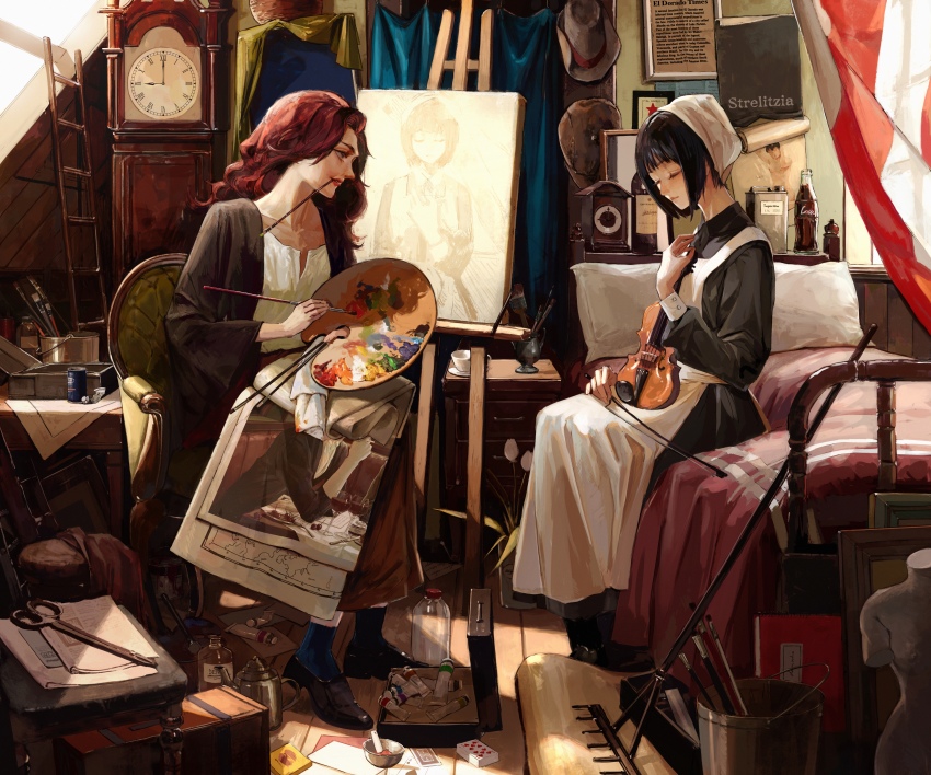 2girls, absurdres, apron, armchair, art_brush, artist_painter, attic, bed