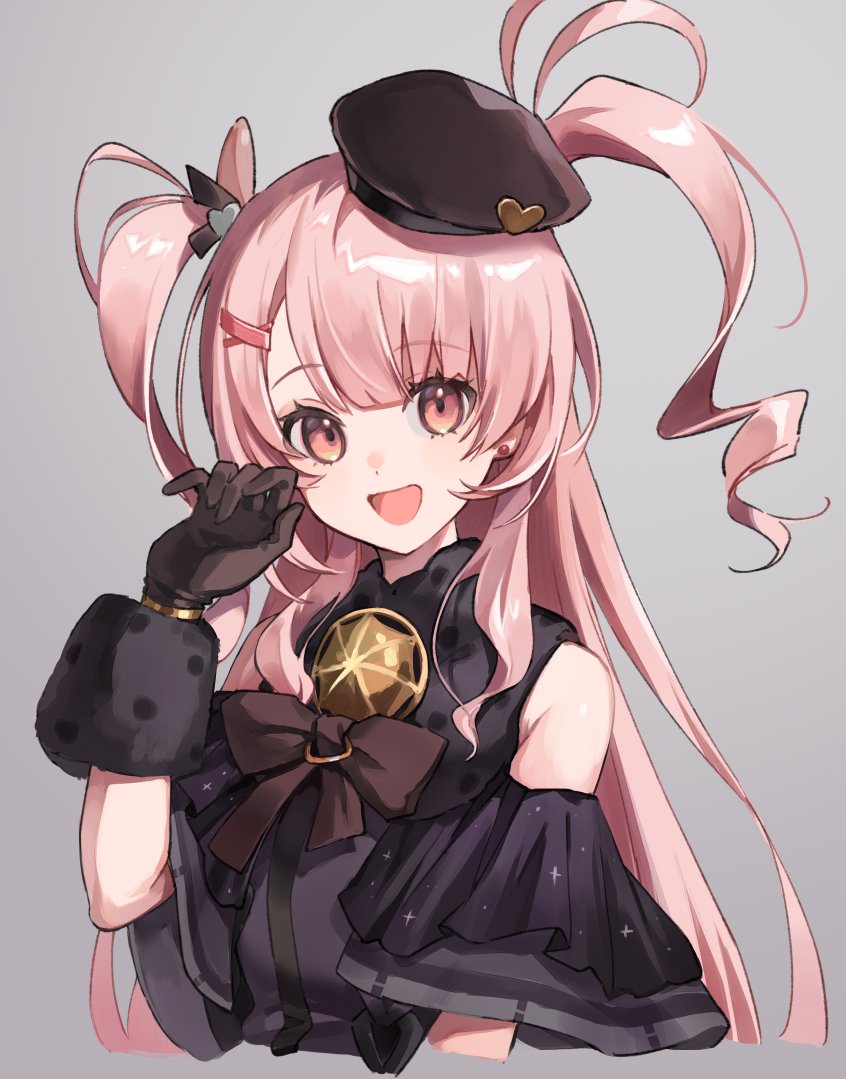 1girl, alchemy_stars, bare_shoulders, black_dress, black_shirt, bow, bowtie, brown_bow