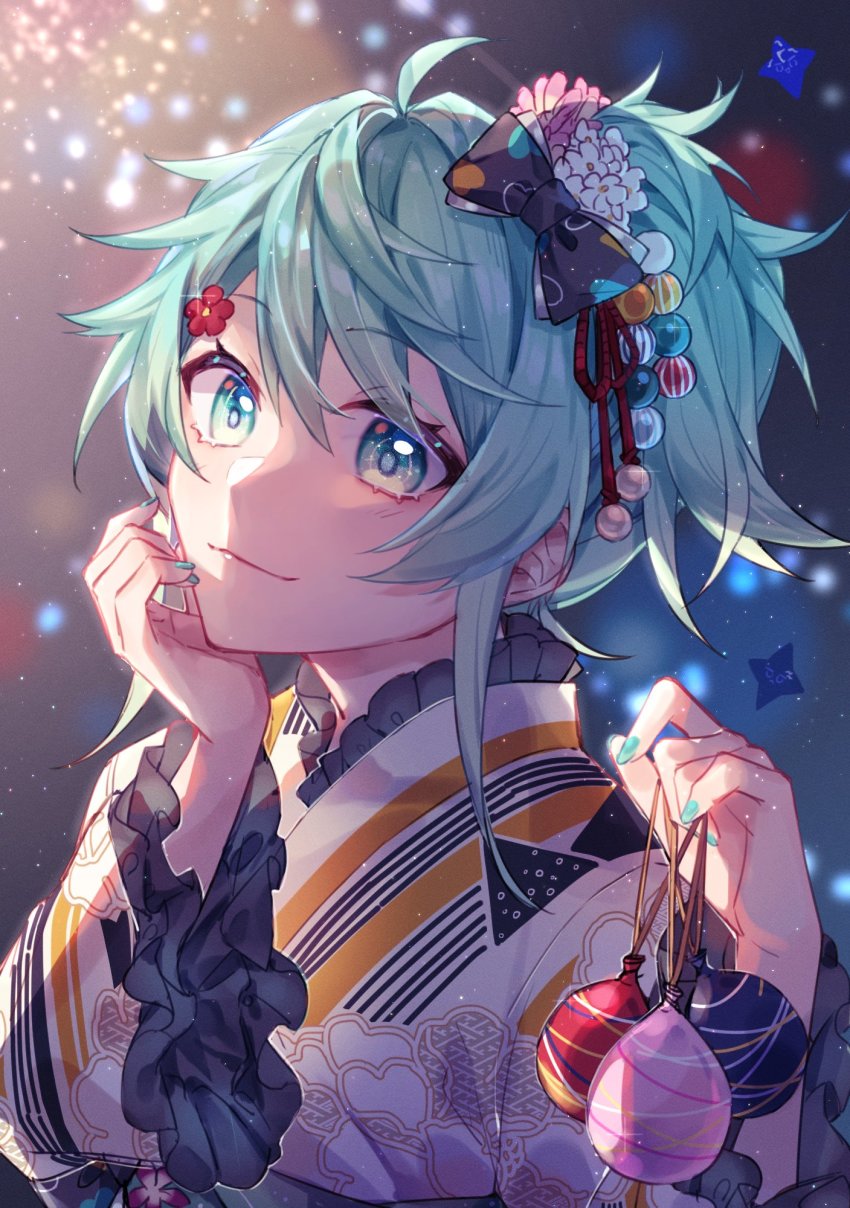 1boy, aqua_eyes, aqua_hair, aqua_nails, blurry, blurry_background, bokeh, bow, depth_of_field, flower, frilled_kimono, frills, hair_between_eyes, hair_bow, hair_flower, hair_ornament, hand_on_own_chin, highres, holding, holostars, japanese_clothes, kagami_kira, kimono, looking_at_viewer, male_focus, nail_polish, night, official_alternate_costume, one_side_up, smile, solo, striped_clothes, striped_kimono, trap, tsukonin_p, upper_body, virtual_youtuber, water_yoyo, white_kimono, yukata