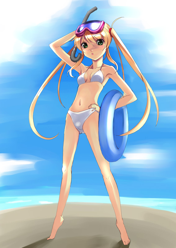 barefoot, bikini, blonde_hair, diving_mask, feet, goggles, green_eyes, hand_on_own_hip