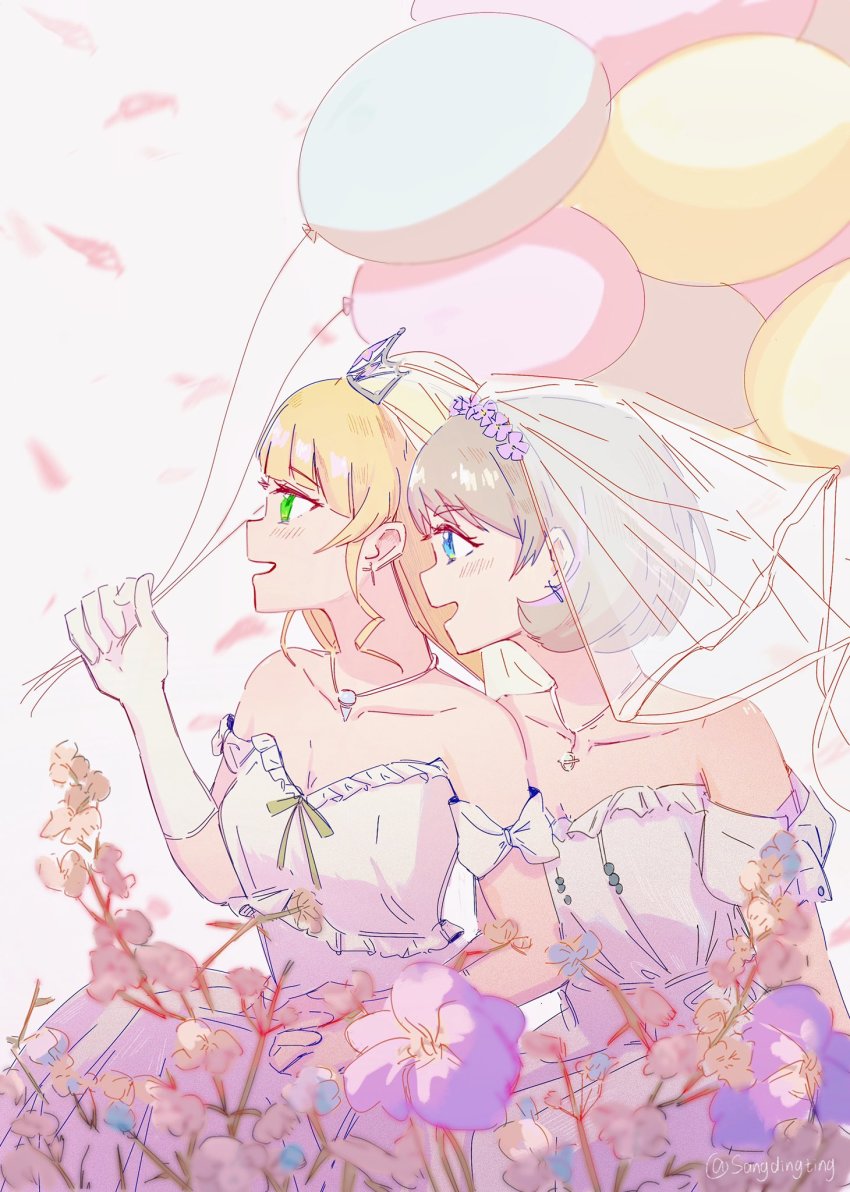 2girls, balloon, bare_shoulders, blonde_hair, blue_eyes, blunt_bangs, blurry, blurry_background