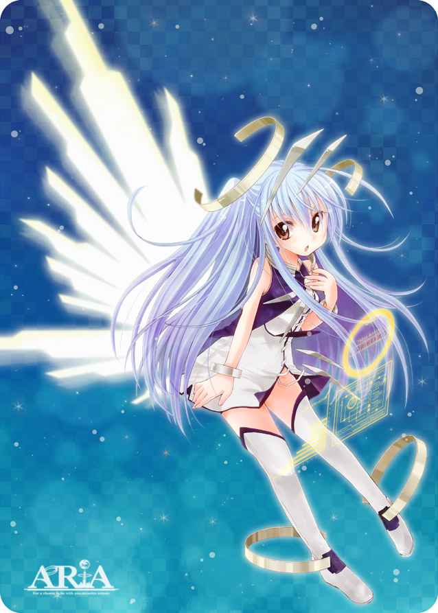 1girl, aria_(vocaloid), blue_hair, brown_eyes, female_focus, full_body, hatsune_miku, long_hair