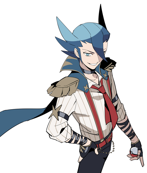 1boy, belt, black_gloves, black_pants, blue_cape, blue_eyes, blue_hair, cape