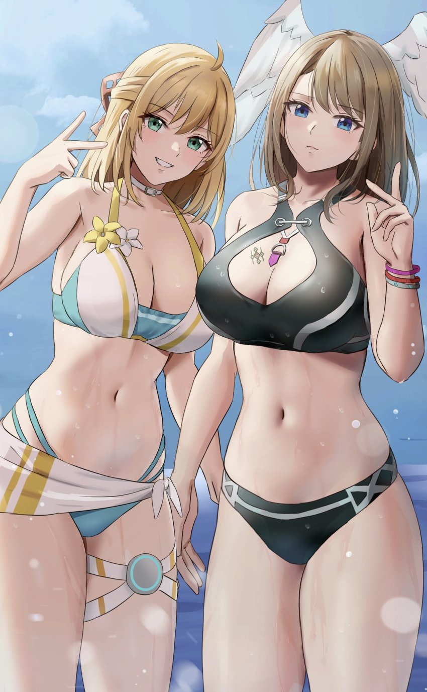 2girls, alternate_costume, amayo_thranana, bikini, blonde_hair, blue_eyes, blue_pupils, blush, bracelet, breast_tattoo, breasts, brown_hair, cleavage, cloud, cloudy_sky, cosplay, costume_switch, eunie_(xenoblade), eunie_(xenoblade)_(cosplay), fiora_(xenoblade), fiora_(xenoblade)_(cosplay), green_eyes, head_wings, highres, jewelry, large_breasts, long_hair, looking_at_viewer, medium_hair, multiple_girls, navel, open_mouth, outdoors, short_hair, side-by-side, simple_background, sky, smile, stomach, swimsuit, tattoo, upper_body, white_wings, wings, xenoblade_chronicles_(series), xenoblade_chronicles_1, xenoblade_chronicles_3