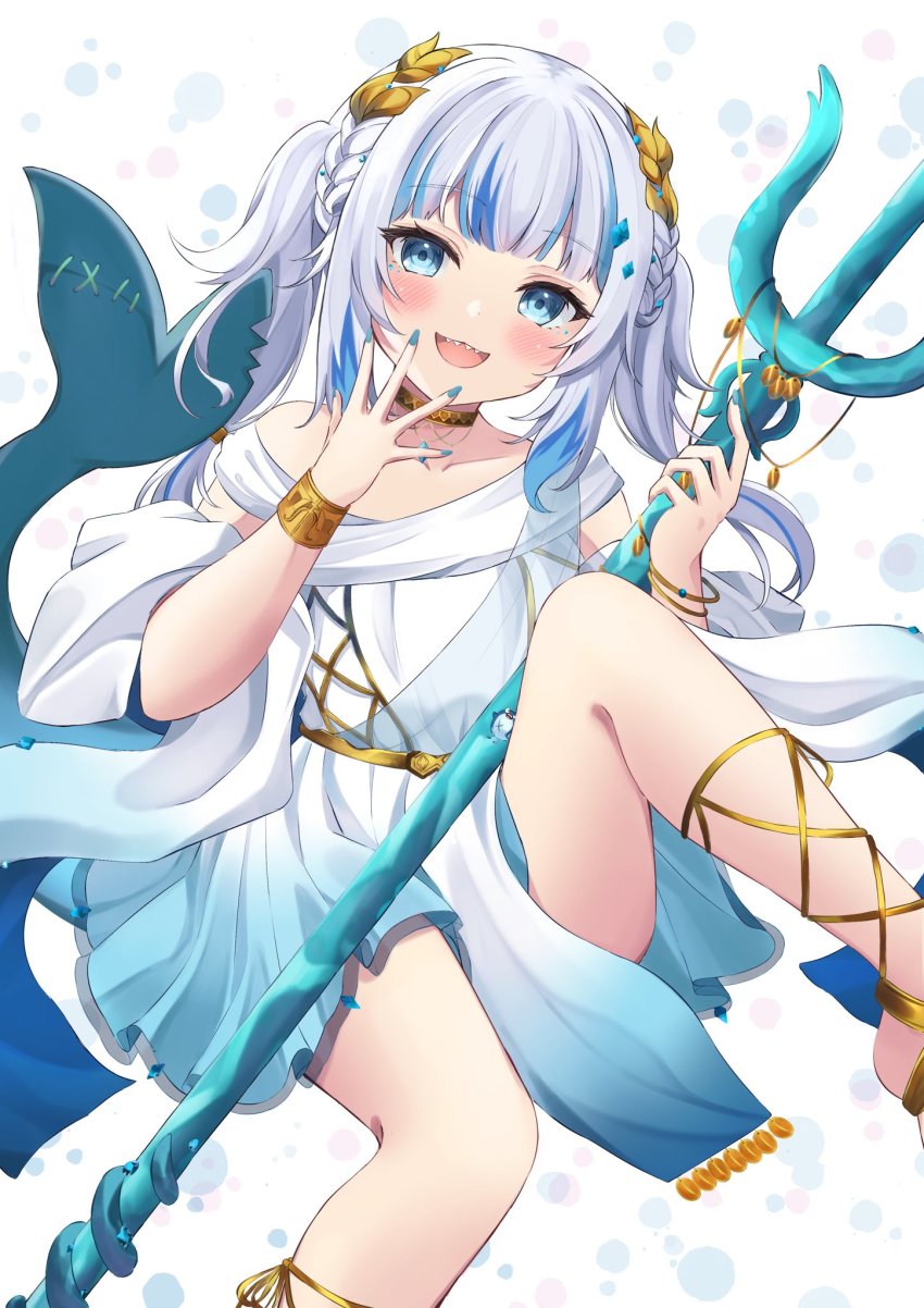 1girl, ancient_greek_clothes, aqua_dress, blue_eyes, blue_hair, blue_nails, blunt_bangs, blush, bracelet, braid, choker, cross-laced_footwear, dress, fins, fish_tail, gawr_gura, gawr_gura_(party_dress), gradient_clothes, gradient_dress, greco-roman_clothes, grey_hair, hair_ornament, hand_to_own_mouth, highres, himation, holding, holding_polearm, holding_weapon, hololive, hololive_english, ibuki_sho, jewelry, knee_up, laurel_crown, long_hair, looking_at_viewer, low_twintails, multicolored_hair, nail_polish, official_alternate_costume, open_mouth, polearm, shark_girl, shark_tail, sharp_teeth, shawl, short_dress, sidelocks, solo, streaked_hair, tail, teeth, trident, twin_braids, twintails, virtual_youtuber, weapon, white_dress, yellow_choker