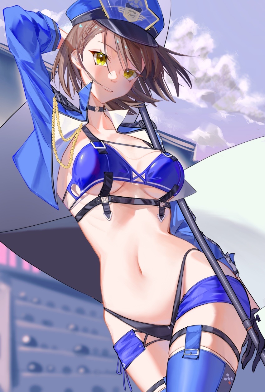 1girl, absurdres, arm_up, azur_lane, baltimore_(azur_lane), baltimore_(finish_line_flagbearer)_(azur_lane), bikini, black_coat, blue_bikini, blue_boots, blue_hair, blue_hat, blue_jacket, blue_shorts, blue_sky, boots, braid, breasts, brown_hair, chest_harness, choker, cleavage, closed_mouth, cloud, coat, collarbone, commentary, cowboy_shot, cropped_jacket, day, flag, floating_hair, french_braid, garter_straps, gloves, hair_between_eyes, harness, hat, highleg, highleg_bikini, highres, holding, holding_pole, jacket, light_blue_hair, looking_at_viewer, medium_breasts, micro_shorts, mismatched_bikini, navel, official_alternate_costume, open_clothes, open_jacket, outdoors, pole, race_queen, shino_pupille, short_hair, shorts, sidelocks, sky, smile, solo, standing, stomach, swimsuit, thigh_boots, thigh_strap, underboob, yellow_eyes