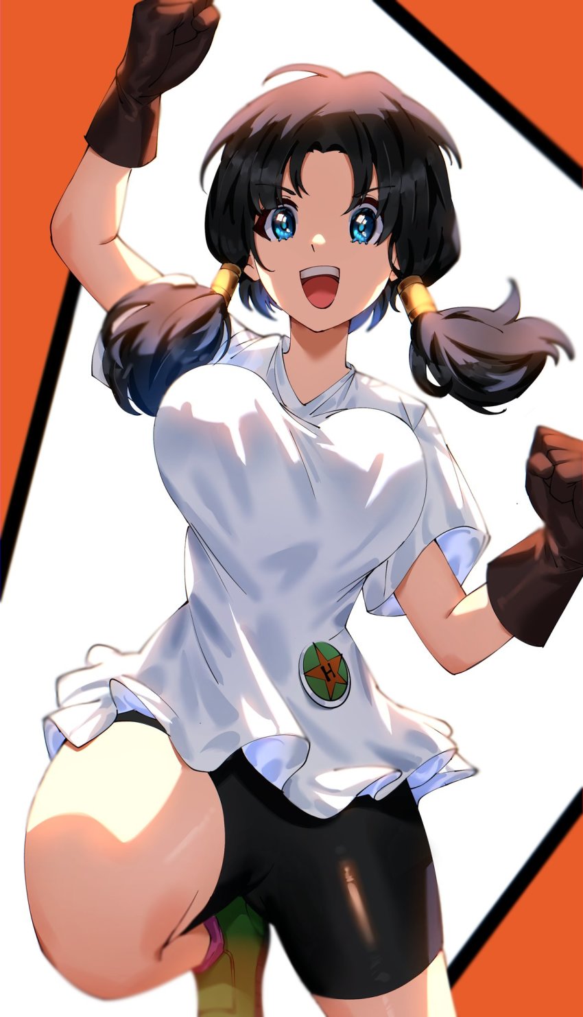 1girl, :d, bike_shorts, black_hair, blue_eyes, breasts, commentary, dragon_ball, dragonball_z, english_commentary, fingerless_gloves, gloves, highres, knee_up, looking_at_viewer, medium_breasts, open_mouth, shirt, simple_background, sinkoart, smile, solo, twintails, videl, white_shirt