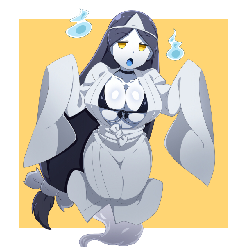 1girl, 2020, bikini, black_bikini, black_hair, breasts, cleavage, ghost