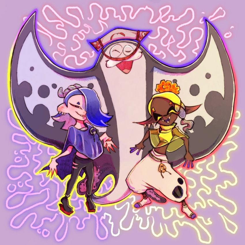2girls, ^_^, arms_up, asymmetrical_hair, bare_shoulders, big_man_(splatoon), black_leggings, black_socks, blonde_hair, blue_hair, blue_outline, blue_shawl, blush, breasts, closed_eyes, clothing_cutout, crop_top, dark-skinned_female, dark_skin, ear_blush, earrings, facing_viewer, fangs, female_focus, flat_chest, forehead, frye_(deep_cut_outfit)_(splatoon), frye_(splatoon), full_body, gradient_hair, hachimaki, hagoromo, hair_over_one_eye, hair_tie, half-closed_eyes, hand_up, happy, headband, highres, inkling, jewelry, leggings, legs_apart, light_blush, looking_at_viewer, manta_ray, medium_hair, midriff, multicolored_hair, multiple_earrings, multiple_girls, nejiri_hachimaki, nintendo, object_on_head, octoling, one_eye_covered, open_mouth, outline, pants, pointy_ears, puffy_pants, purple_background, purple_eyes, purple_hair, red_footwear, red_outline, sandals, see-through_clothes, shawl, shirt, shiver_(deep_cut_outfit)_(splatoon), shiver_(splatoon), skin_tight, sleeveless, sleeveless_shirt, small_breasts, smile, socks, splatoon_(series), splatoon_3, standing, stomach, tentacle_hair, tentacles, toeless_legwear, two-tone_hair, valevod, white_headwear, white_pants, white_socks, yellow_outline, yellow_shawl, yellow_shirt