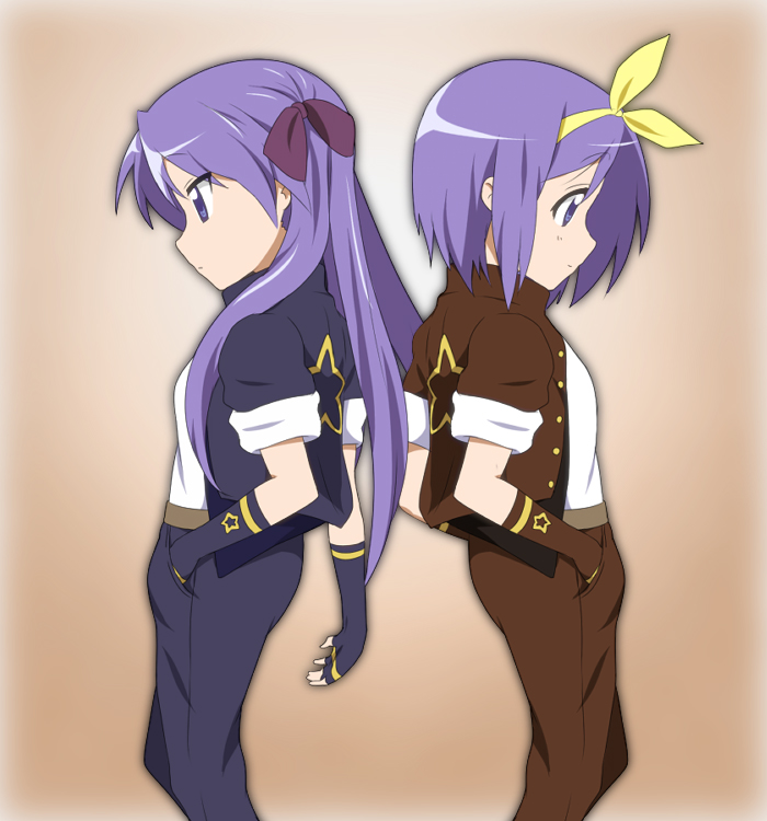 2girls, back-to-back, bad_id, bad_pixiv_id, blue_hair, cosplay, fingerless_gloves, gloves, hand_in_pocket, hiiragi_kagami, hiiragi_tsukasa, ikari_manatsu, jacket, kusanagi_kyo_(cosplay), kusanagi_kyou, kusanagi_kyou_(cosplay), kyo-1, kyo-2, long_hair, lucky_star, multiple_girls, profile, purple_hair, short_hair, siblings, sisters, snk, standing, the_king_of_fighters, twins, twintails