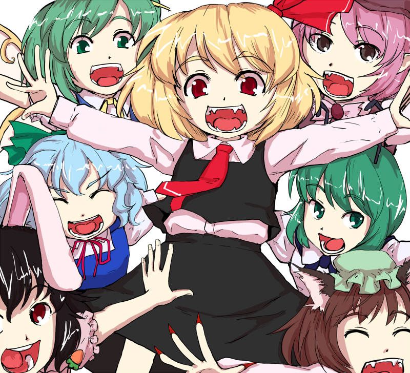 6+girls, :d, bad_id, bad_pixiv_id, blonde_hair, chen, cirno, closed_eyes
