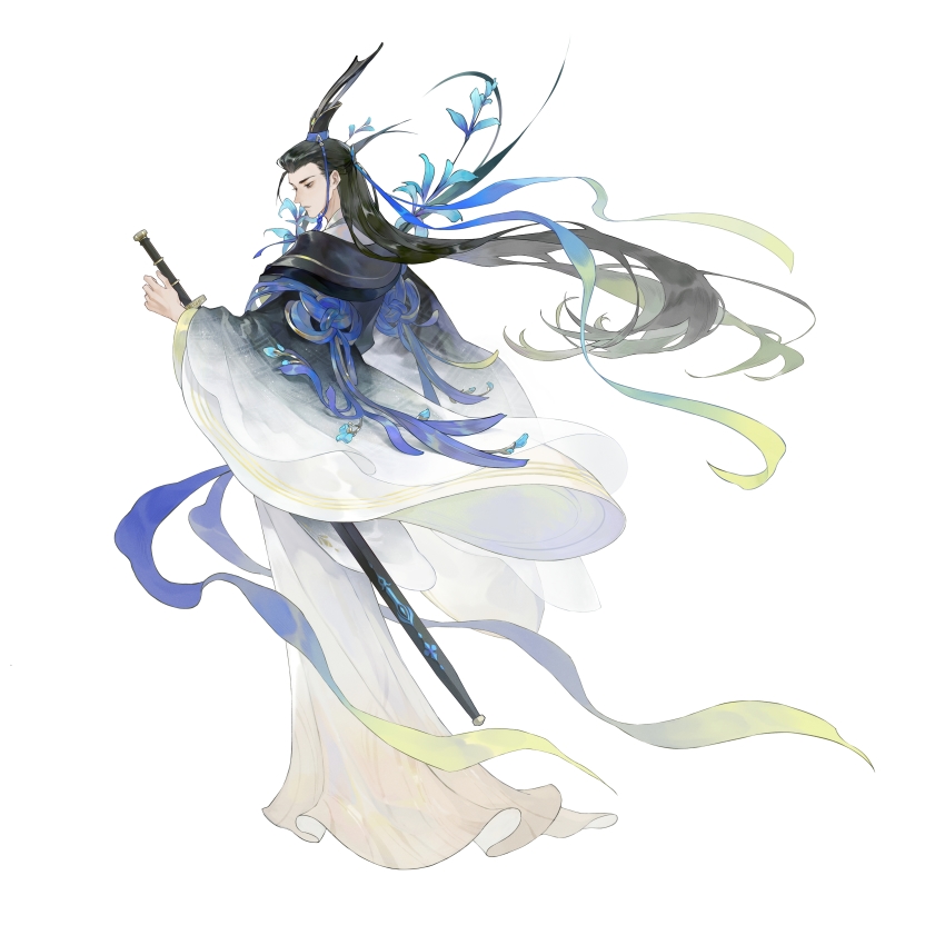 1boy, absurdres, black_eyes, black_hair, black_hat, blue_flower, chinese_clothes, chinese_commentary, commentary_request, feixuxu, flower, full_body, hanfu, hat, highres, holding, holding_sword, holding_weapon, long_hair, long_sleeves, male_focus, parted_lips, qu_yuan, simple_background, solo, sword, wang_chuan_feng_hua_lu, weapon, white_background