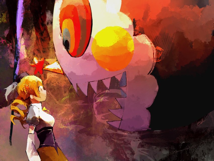 1girl, black_headwear, blonde_hair, breasts, charlotte_(madoka_magica), closed_mouth, commentary_request, corset