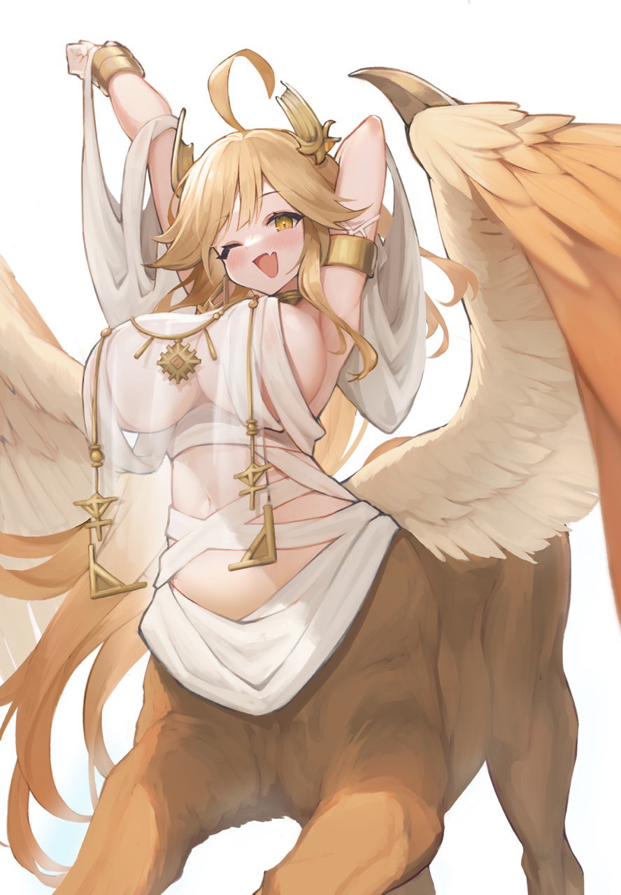 1girl, ;d, ahoge, armlet, armpits, arms_up, bandages, bare_shoulders