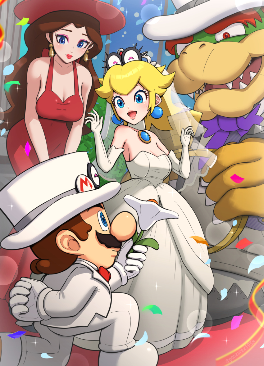 2boys, 2girls, :d, absurdres, blonde_hair, bowser, bowser_(tuxedo), breasts, bridal_veil, brown_hair, cappy_(mario), claws, cleavage, donkey, donkey_kong_(series), dress, elbow_gloves, eyeshadow, formal_clothes, gloves, gonzarez, hat, highres, large_breasts, lipstick, long_hair, makeup, mario, mario_(series), mario_(tuxedo), multiple_boys, multiple_girls, nintendo, on_one_knee, open_mouth, pauline_(nintendo), princess_peach, princess_peach_(wedding), red_dress, red_headwear, red_lips, rocket_flower_(mario), smile, strapless, strapless_dress, suit, super_mario_odyssey, tiara_(mario), top_hat, veil, wedding_dress, white_dress, white_gloves, white_headwear, white_suit