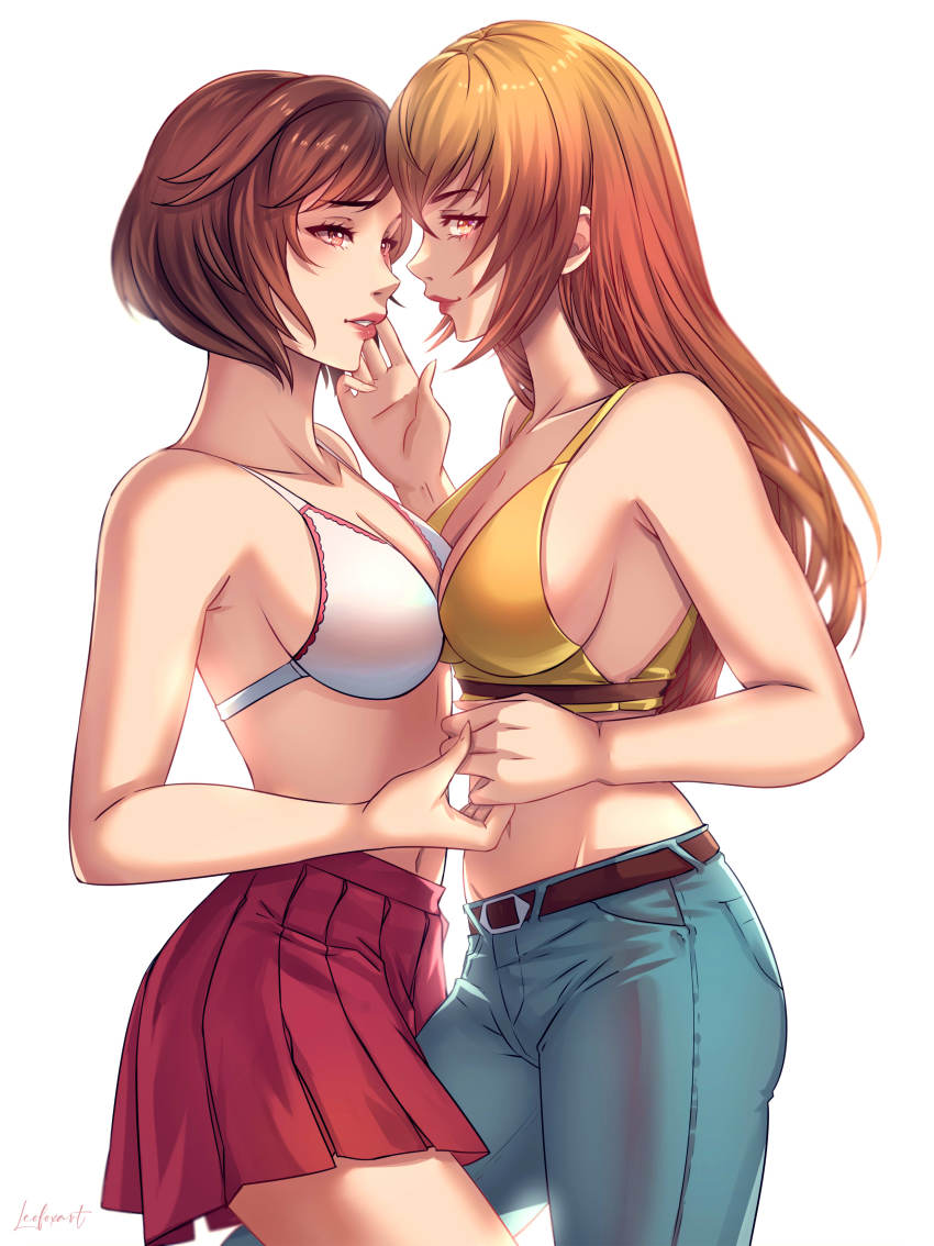 2girls, absurdres, asymmetrical_docking, bad_id, bad_twitter_id, bare_shoulders, belt, bra