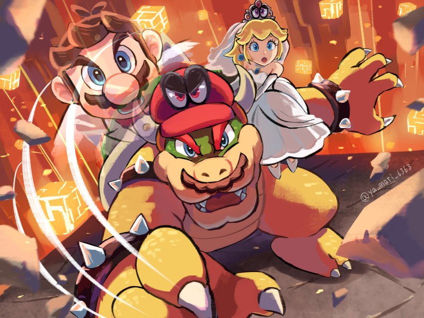 1girl, armlet, bare_shoulders, blonde_hair, blue_eyes, bowser, bridal_veil, cappy_(mario)