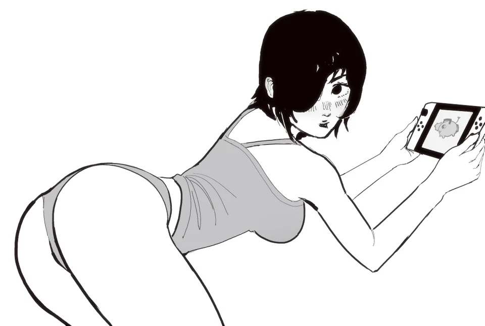 1girl, ass, black_hair, chainsaw_man, eyepatch, himeno_(chainsaw_man), monochrome, nintendo_switch