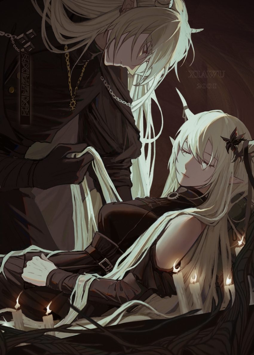 1boy, 1girl, absurdres, arknights, bare_shoulders, black_dress, black_flower, black_gloves, blonde_hair, breasts, brother_and_sister, candle, closed_eyes, closed_mouth, confessarius_(arknights), detached_sleeves, dress, earrings, flower, gloves, hair_flower, hair_ornament, hair_spread_out, highres, holding_another's_hair, horns, jewelry, long_hair, long_sleeves, lying, medium_breasts, necklace, on_back, pointy_ears, red_eyes, shining_(arknights), siblings, signature, sleeping, very_long_hair, xiawu2001
