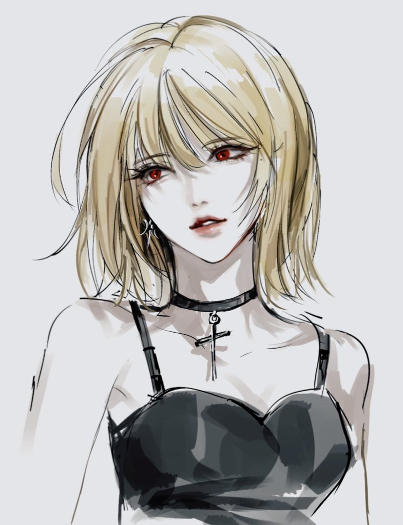 1girl, amane_misa, bare_shoulders, blonde_hair, choker, cross, death_note, earrings, evl_1230, grin, jewelry, korean_commentary, looking_to_the_side, medium_hair, necklace, parted_lips, red_eyes, smile, solo, upper_body, white_background