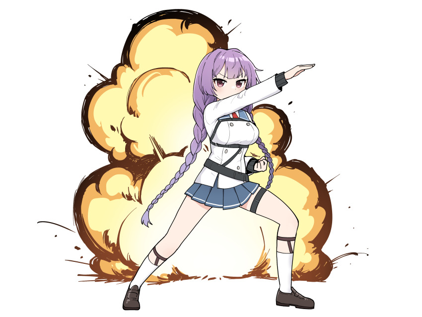 1girl, absurdres, artist_request, belt, blue_skirt, braid, breasts, counter:side