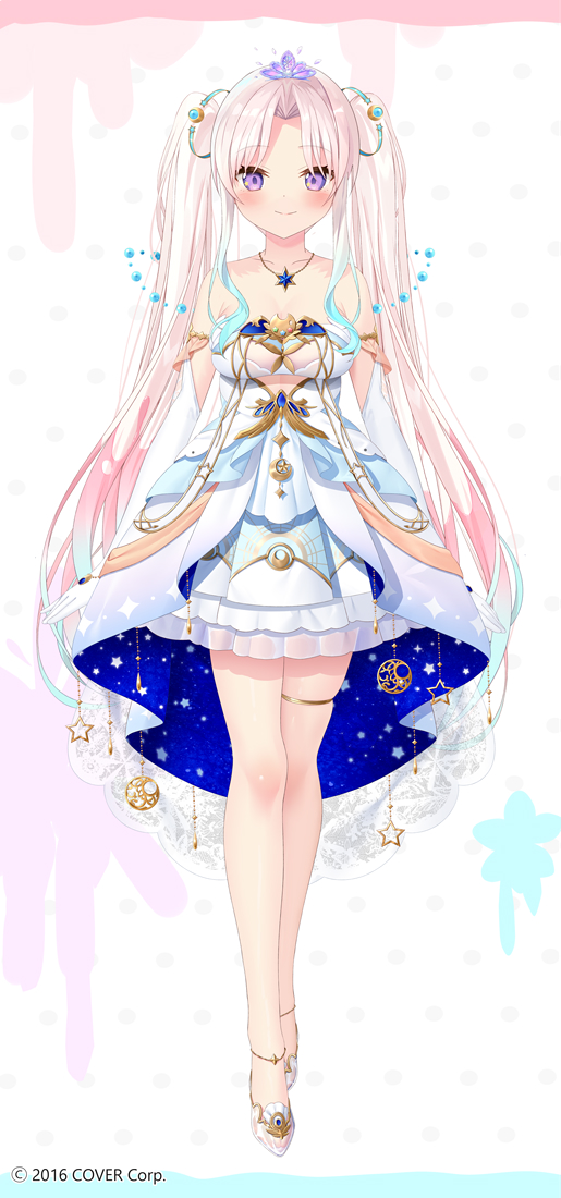 1girl, airani_iofifteen, airani_iofifteen_(sci-fi_princess), anklet, bare_legs, blue_hair, blush, breasts, brooch, clothing_cutout, crown, cutout_above_navel, dress, glass_slipper, gloves, hair_ornament, high-low_dress, hololive, hololive_indonesia, jewelry, long_hair, medium_breasts, moon_(ornament), multicolored_hair, necklace, official_alternate_costume, official_art, paint_palette, pink_hair, purple_eyes, smile, solo, star_(symbol), starry_sky_print, thigh_strap, twintails, very_long_hair, virtual_youtuber, white_dress, white_gloves, yano_mitsuki_(nanairo)