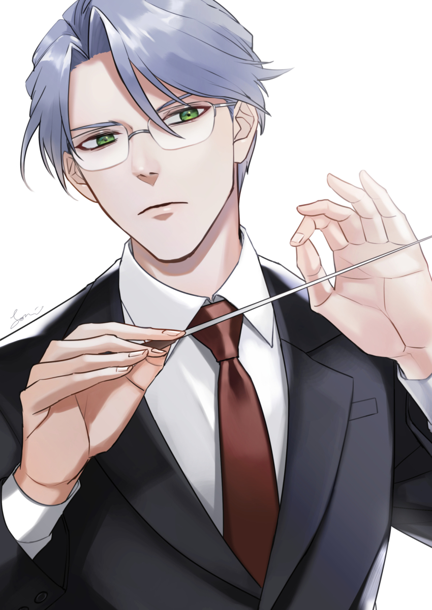 1boy, black_suit, conductor_baton, formal_clothes, frown, glasses, green_eyes, grey_hair, hands_up, highres, himuro_reiichi, long_sleeves, looking_at_viewer, male_focus, necktie, red_necktie, short_hair, solo, suit, tokimeki_memorial, tokimeki_memorial_girl's_side, tokimeki_memorial_girl's_side_1st_love, upper_body, white_background, yori_(ito_haruki)