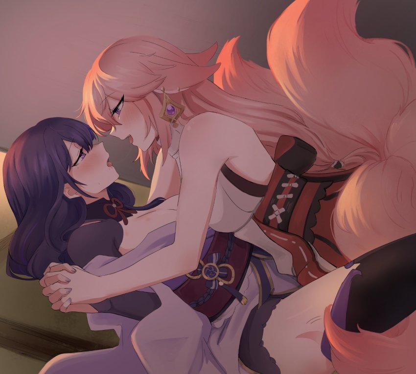 2girls, animal_ears, bare_shoulders, blush, breasts, earrings, floppy_ears, fox_ears