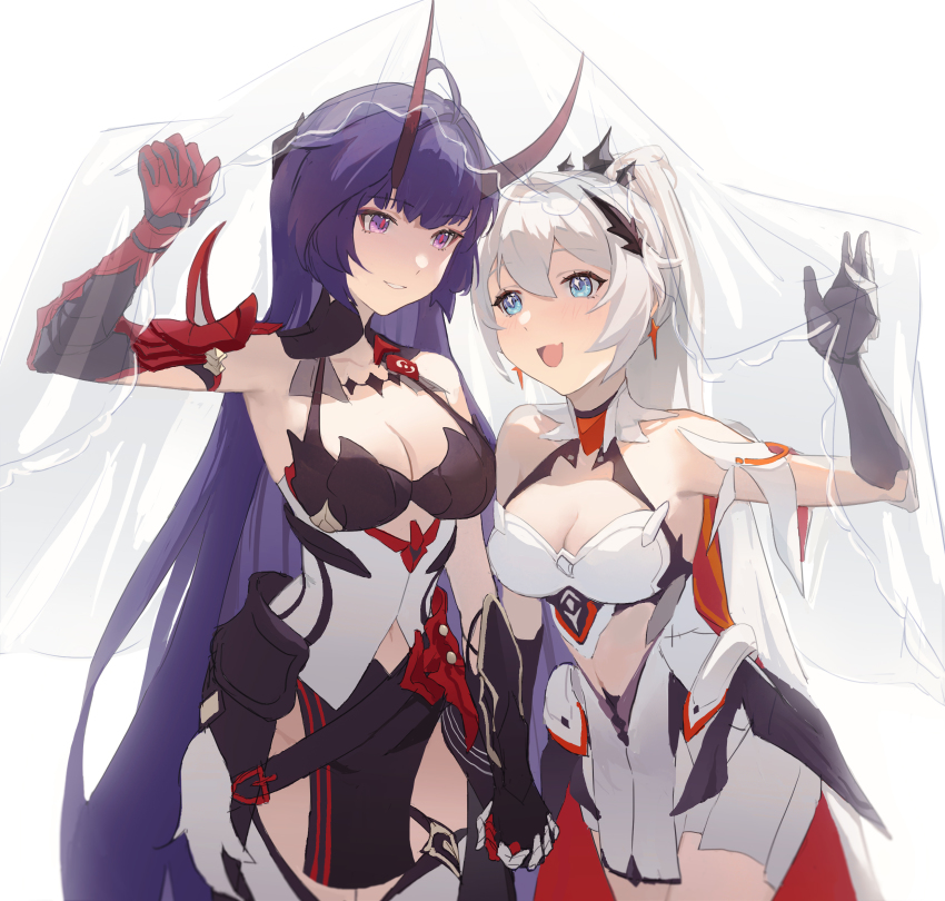2girls, armpits, blue_eyes, blush, breasts, bridal_veil, cleavage, dress, gauntlets, hetare_mizu, highres, holding_hands, honkai_(series), honkai_impact_3rd, horns, implied_yuri, kiana_kaslana, kiana_kaslana_(herrscher_of_flamescion), large_breasts, long_hair, looking_at_another, medium_breasts, midriff, midriff_peek, multiple_girls, open_mouth, ponytail, purple_eyes, purple_hair, raiden_mei, raiden_mei_(herrscher_of_thunder), smile, tiara, veil, white_dress, white_hair, yuri