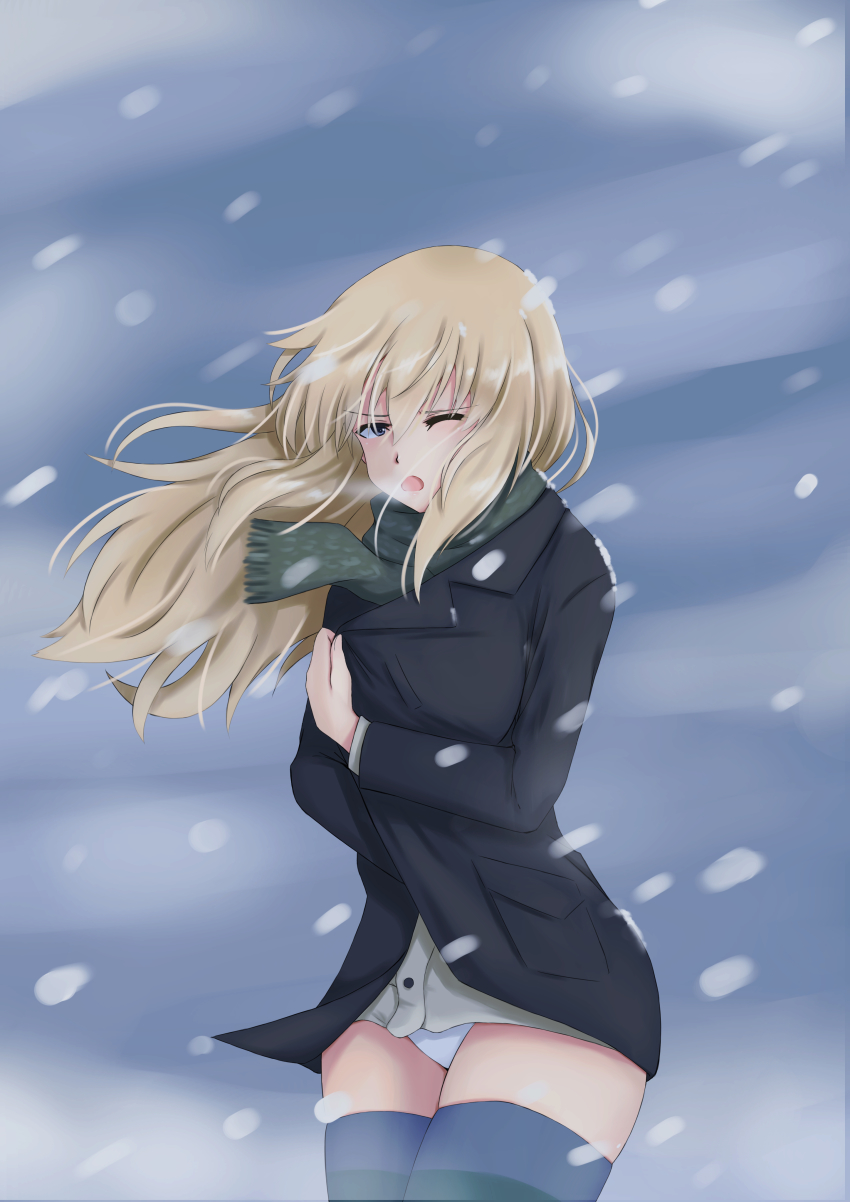 1girl, absurdres, black_jacket, blonde_hair, blue_eyes, blush, brave_witches, cold