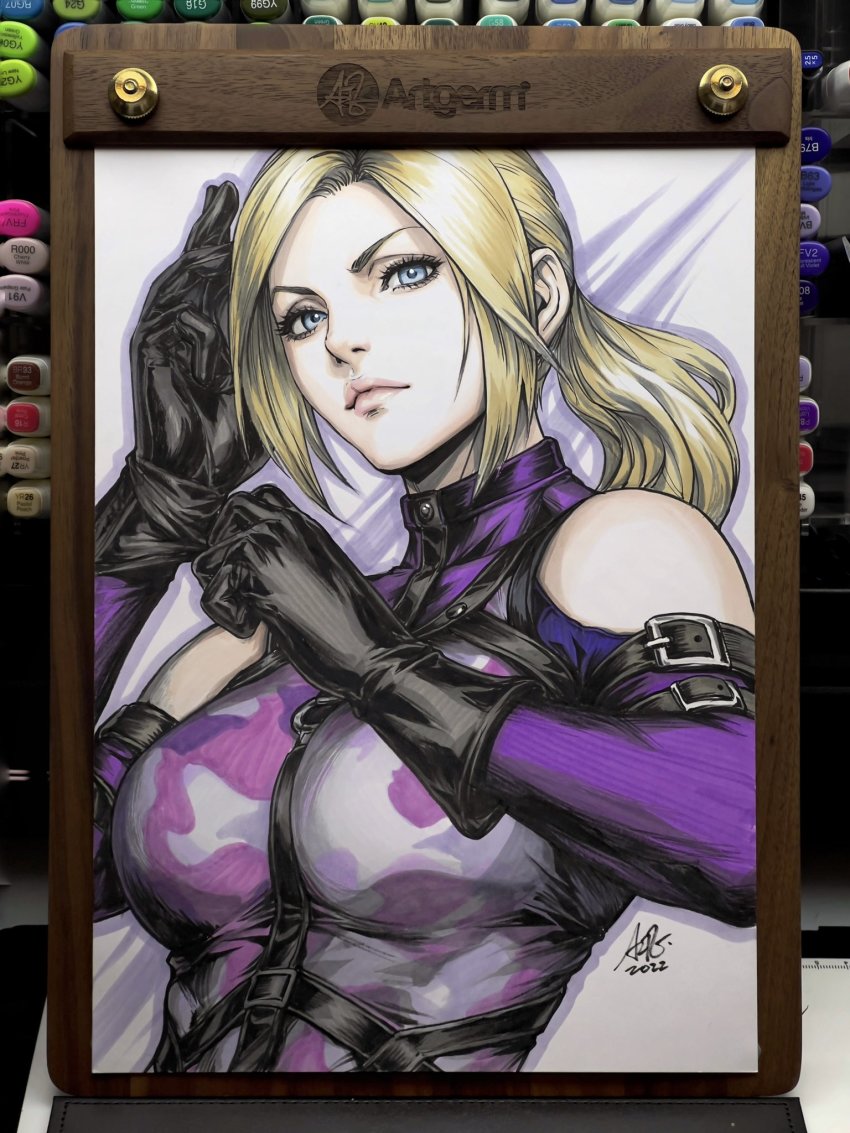 1girl, blonde_hair, blue_eyes, breasts, copic, dated, drawing_board, gloves