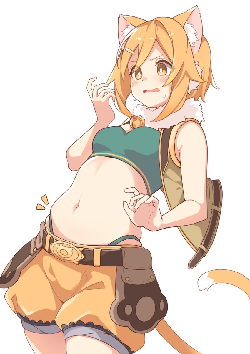 1girl, animal_ear_fluff, animal_ears, bandeau, bell, belt, blonde_hair, blush, breasts, brown_jacket, cat_ears, cat_girl, cat_tail, cowboy_shot, hair_ornament, hairclip, hand_up, highres, hiyori_(princess_connect!), jacket, midriff, mikokomiyazawa, navel, neck_bell, notice_lines, open_mouth, plump, princess_connect!, puffy_shorts, short_hair, shorts, simple_background, sleeveless, sleeveless_jacket, small_breasts, solo, sweat, tail, weight_conscious, white_background, yellow_shorts