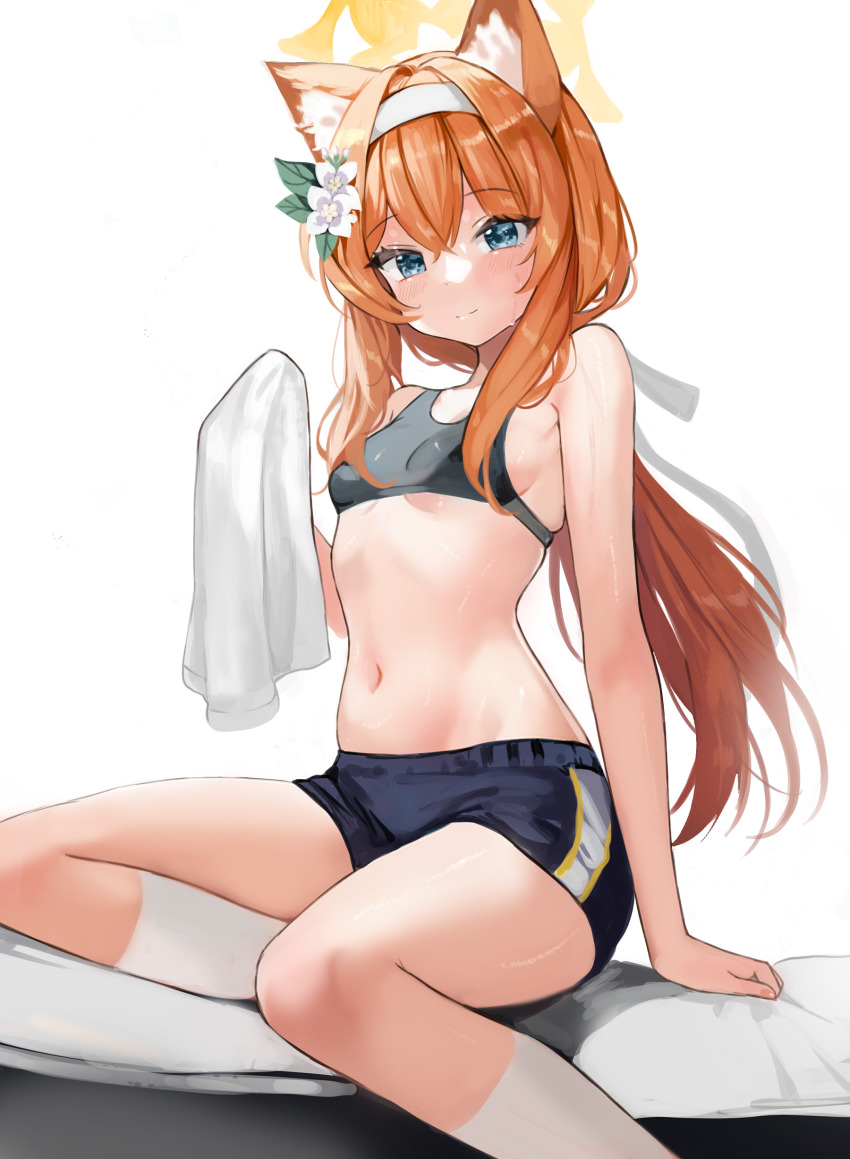 1girl, 2022, absurdres, animal_ear_fluff, animal_ears, bare_shoulders, black_shorts, blue_archive