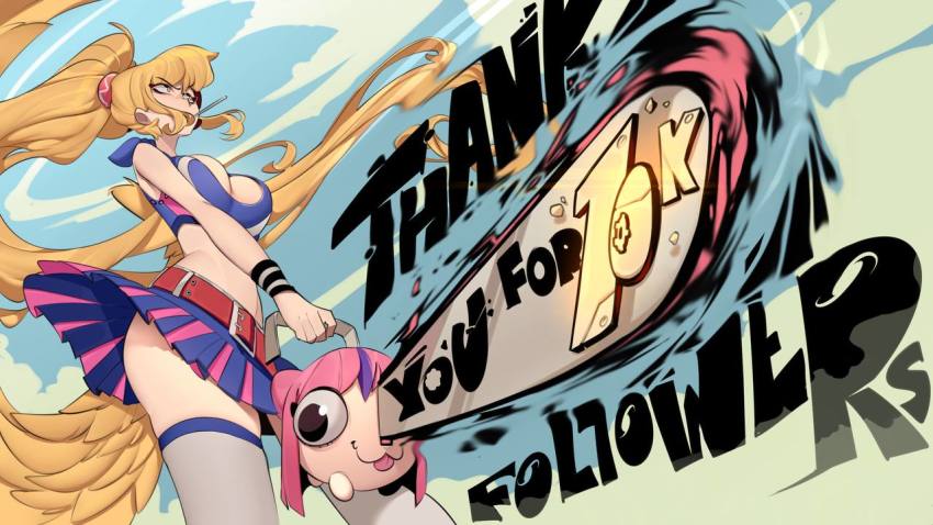 2girls, blonde_hair, breasts, chainsaw, chainsaw_man, cheerleader, cleavage, cosplay, crossover, english_text, freakedfleapit, juliet_starling, juliet_starling_(cosplay), large_breasts, lollipop_chainsaw, long_hair, multiple_girls, original, pink_hair, pochita_(chainsaw_man), pochita_(chainsaw_man)_(cosplay), thank_you, very_long_hair