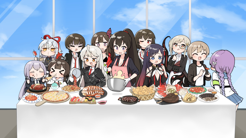 >_<, 1boy, 6+girls, absurdres, ahoge, apron, ascot, bare_shoulders