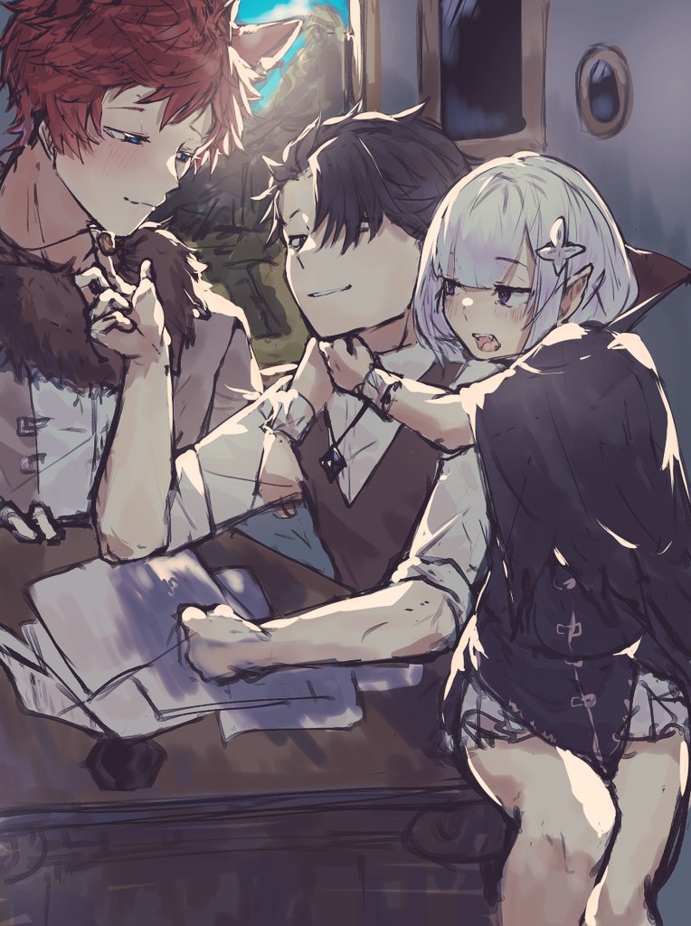 alternate_universe, animal_ears, blue_eyes, dark_persona, elf, emilia_(re:zero), fur_trim, hair_over_one_eye