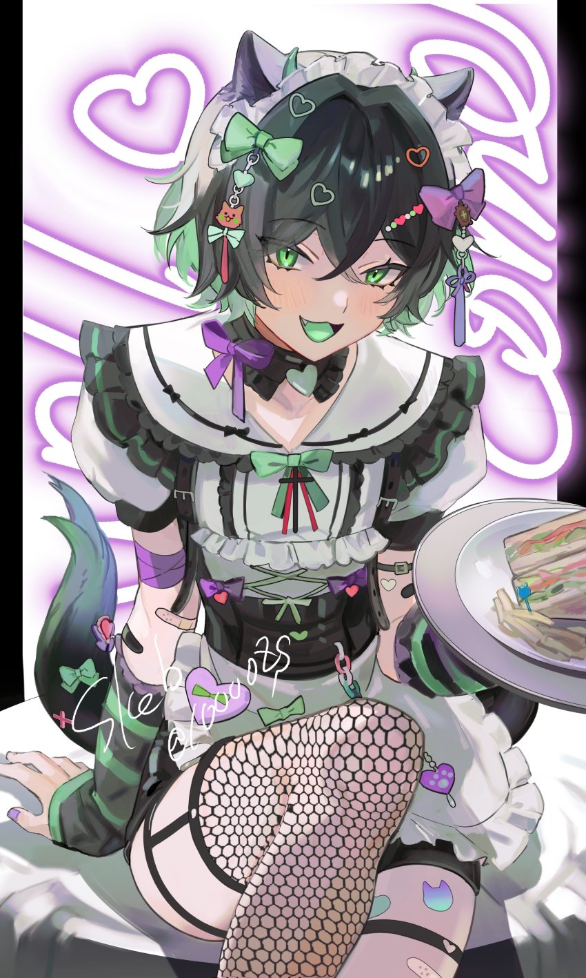 1boy, 2022, :3, absurdres, animal_ears, black_hair, bow, cat_boy, cat_ears, commission, crossdressing, crossdressing_(mtf), detached_sleeves, fishnet_thighhighs, fishnets, food, green_eyes, hair_bow, hair_ornament, heart, highres, kitou_saji, looking_at_viewer, maid, maid_headdress, open_mouth, original, sandwich, short_hair, sitting, skeb_commission, sleeves_past_wrists, smile, solo, thigh_strap, thighhighs, trap, tray