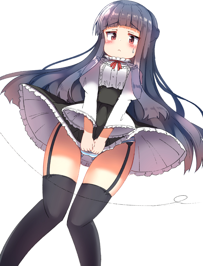 1girl, :<, absurdres, black_hair, black_skirt, black_thighhighs, blush, breasts