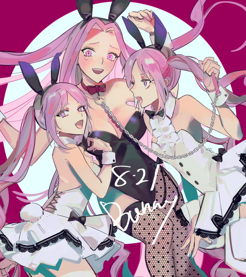 2021, 3girls, absurdres, animal_ears, black_leotard, blush, bow, bowtie, chain, chain_leash, crying, crying_with_eyes_open, dress, embarrassed, euryale_(fate), fake_animal_ears, fake_tail, fang, fate/grand_order, fate_(series), fishnet_pantyhose, fishnets, highres, kitou_saji, leash, leotard, looking_at_another, looking_at_viewer, medusa_(fate), medusa_(rider)_(fate), multiple_girls, open_mouth, pantyhose, playboy_bunny, purple_eyes, purple_hair, rabbit_ears, rabbit_tail, red_bow, red_bowtie, skin_fang, smile, stheno_(fate), tail, tears, white_dress