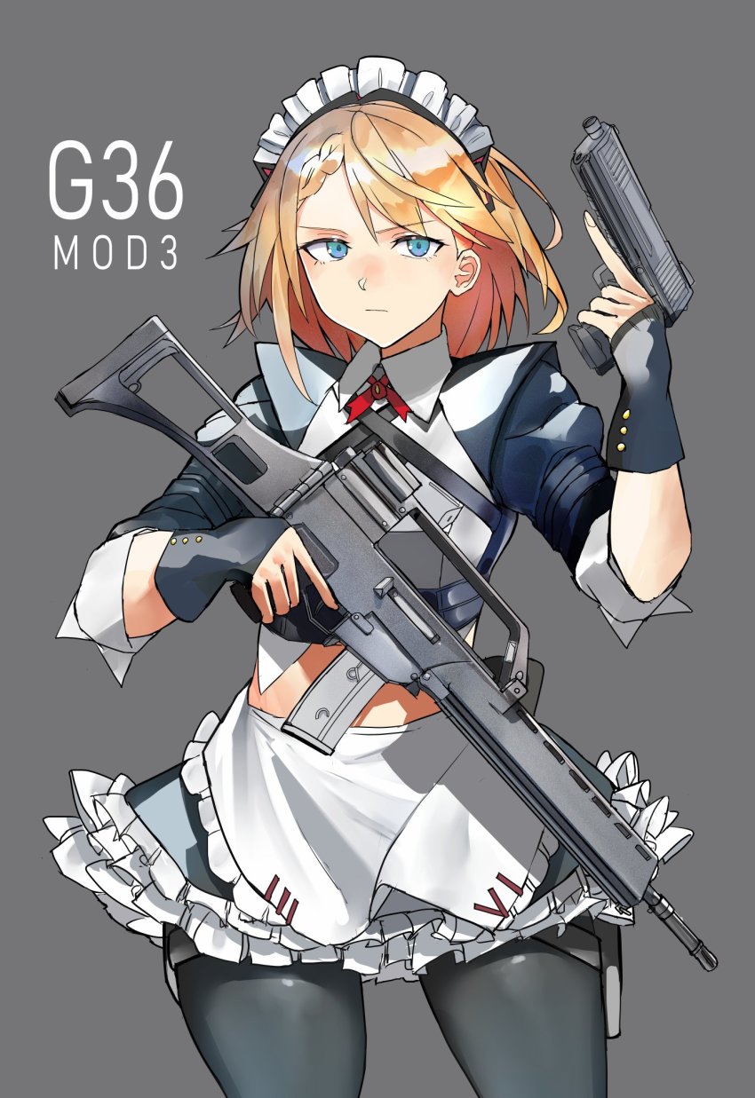 1girl, apron, assault_rifle, black_pantyhose, black_skirt, blonde_hair, blue_eyes, blue_gloves