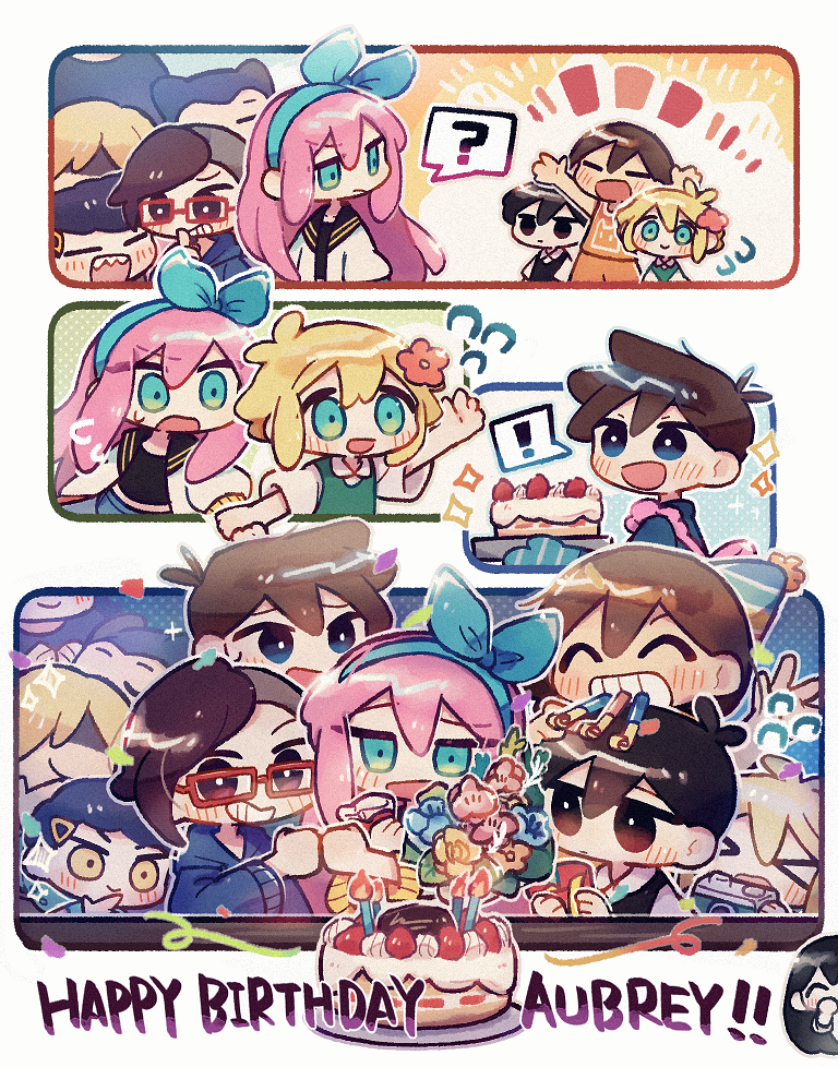 >_<, 4girls, 6+boys, :o, ?, ^_^, alternate_skin_color, angel_(omori)