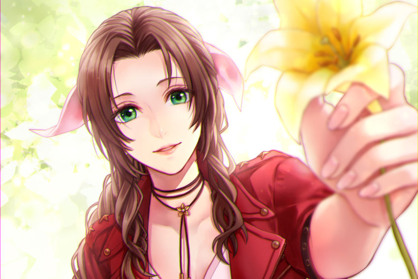 1girl, aerith_gainsborough, blurry, blurry_foreground, braid, braided_ponytail, breasts, brown_hair, choker, collarbone, dress, final_fantasy, final_fantasy_vii, final_fantasy_vii_remake, floral_background, flower, flower_choker, green_eyes, hair_ribbon, holding, holding_flower, jacket, lily_(flower), long_hair, looking_at_viewer, medium_breasts, parted_bangs, parted_lips, pink_dress, pink_ribbon, reaching, reaching_towards_viewer, red_jacket, ribbon, short_sleeves, sidelocks, smile, solo, square_enix, twilightend, upper_body, wavy_hair, yellow_background, yellow_flower